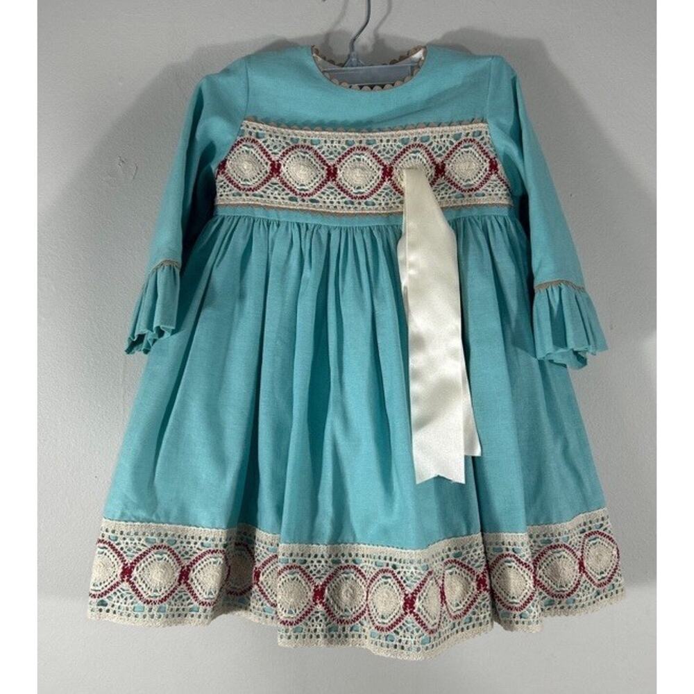 Sonata Handmade Spanish Girls Dress 4-5 Long Sleeve Lace Teal Poly Linen blend